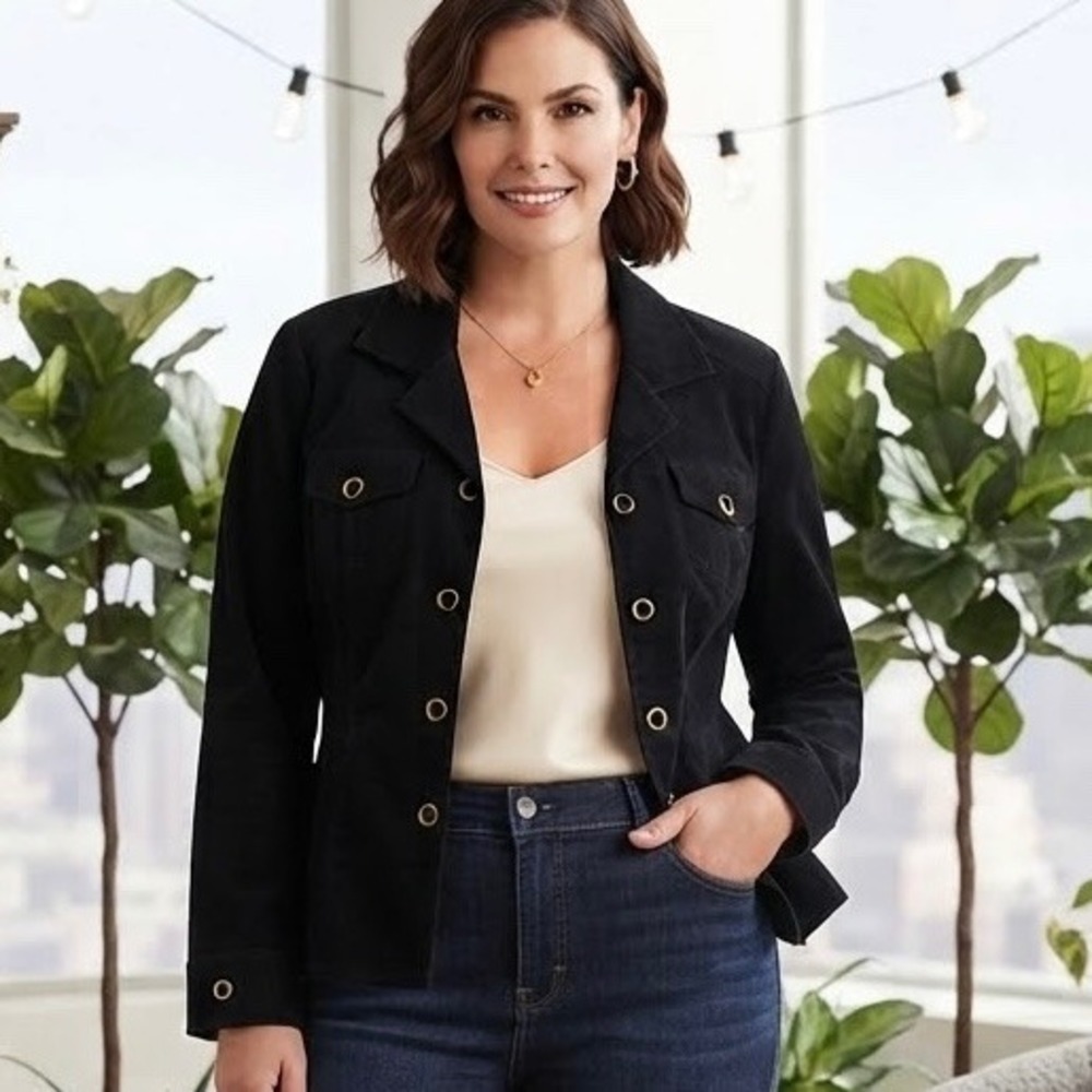 Chicos Black Utility Jacket Gold Grommet Snap Front Corduroy Size 2 Large